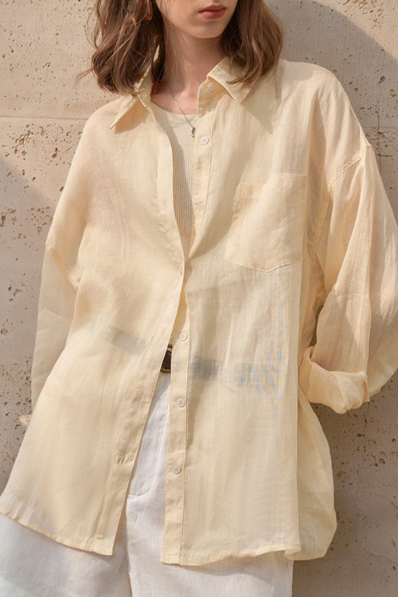 Sheer Linen Collared Long Sleeve Top