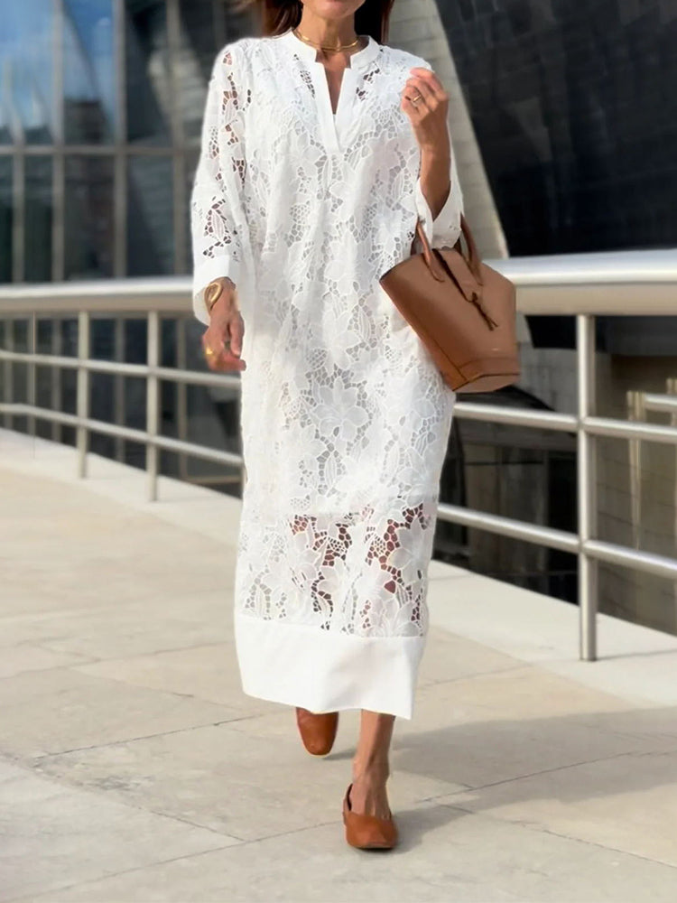 Floral Lace Stand Collar Deep V-Neck Three Quarter Maxi Dress - View 2