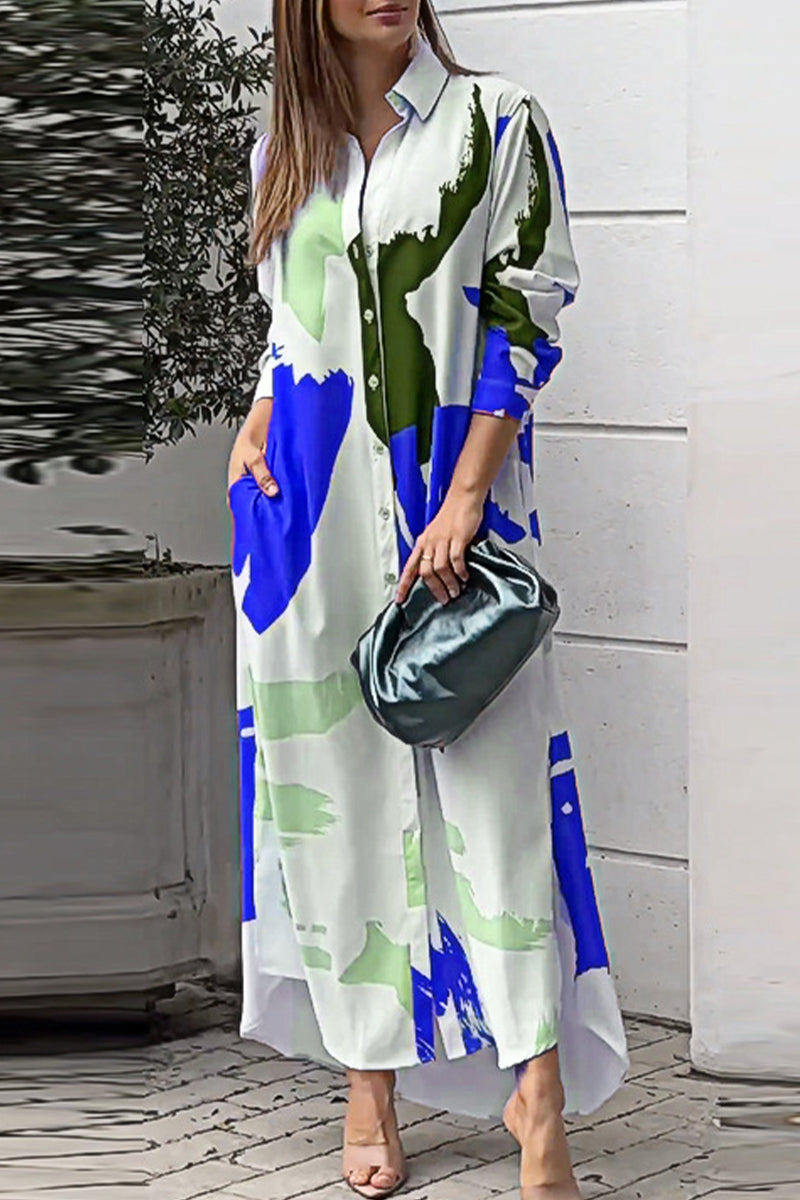Collared Button Front Long Sleeve Pocket Slit Maxi Shirt Dress - View 2