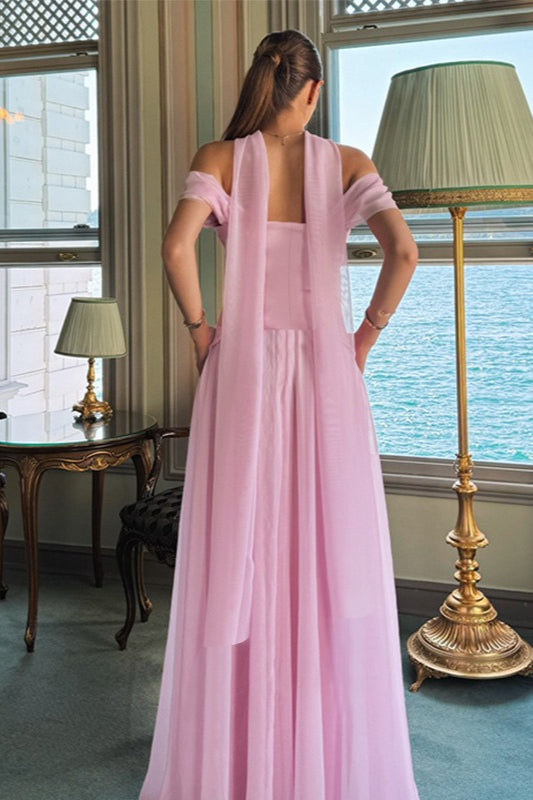 Satin Off Shoulder Choker Short Sleeve Corset A-Line Maxi Gown - View 5