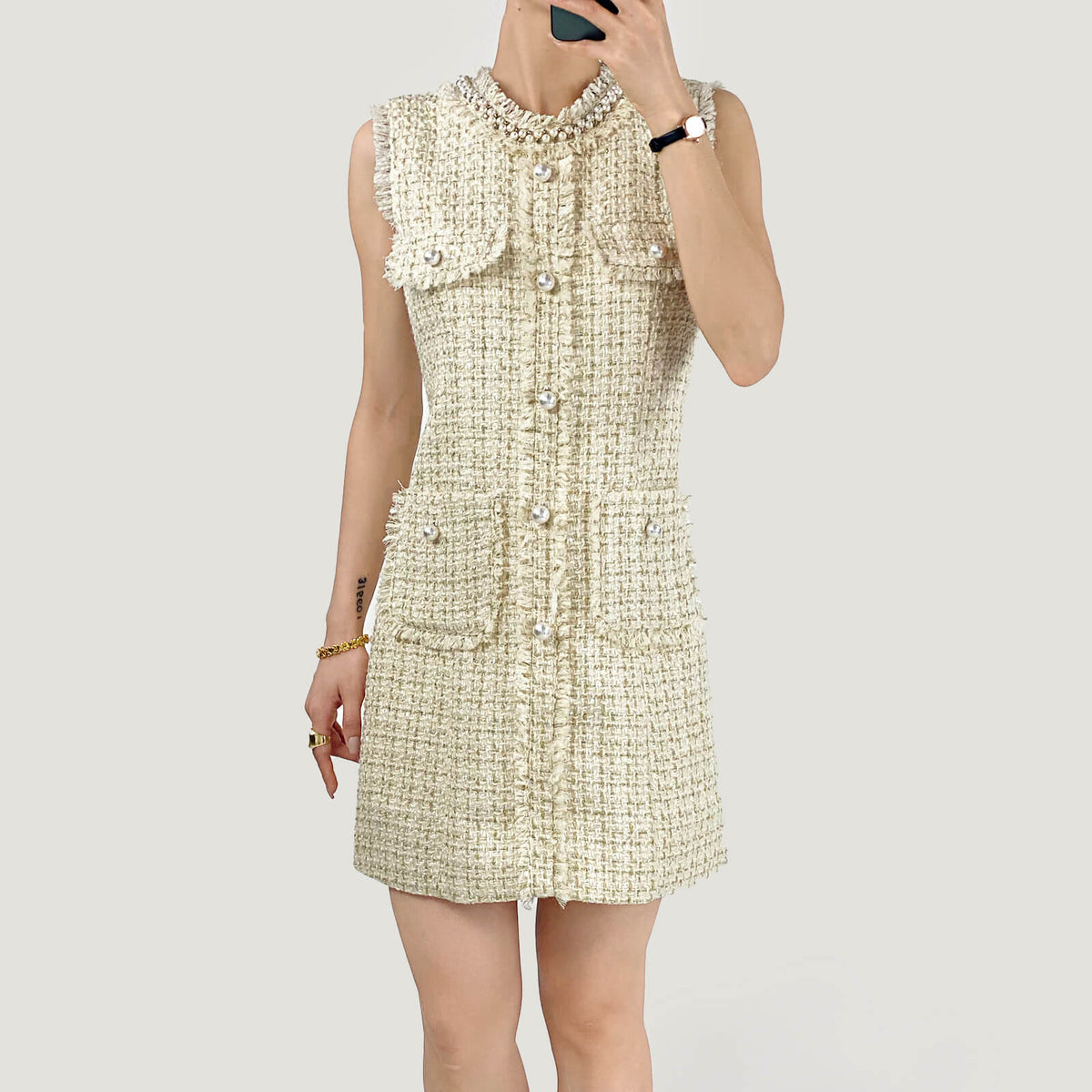 Pearl Collar Raw Fringe Trim Tweed Sleeveless Mini Dress - View 15