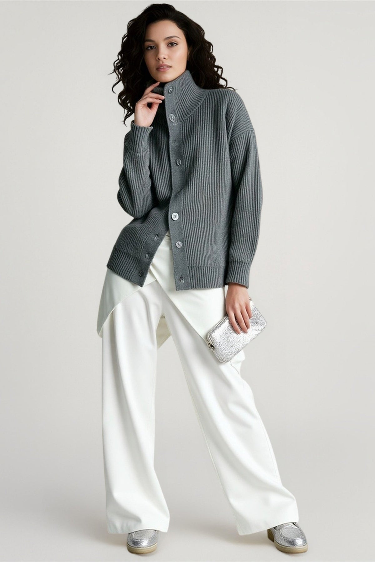 High Neck Button Front Ribbed Knit Oversized Cardigan 3