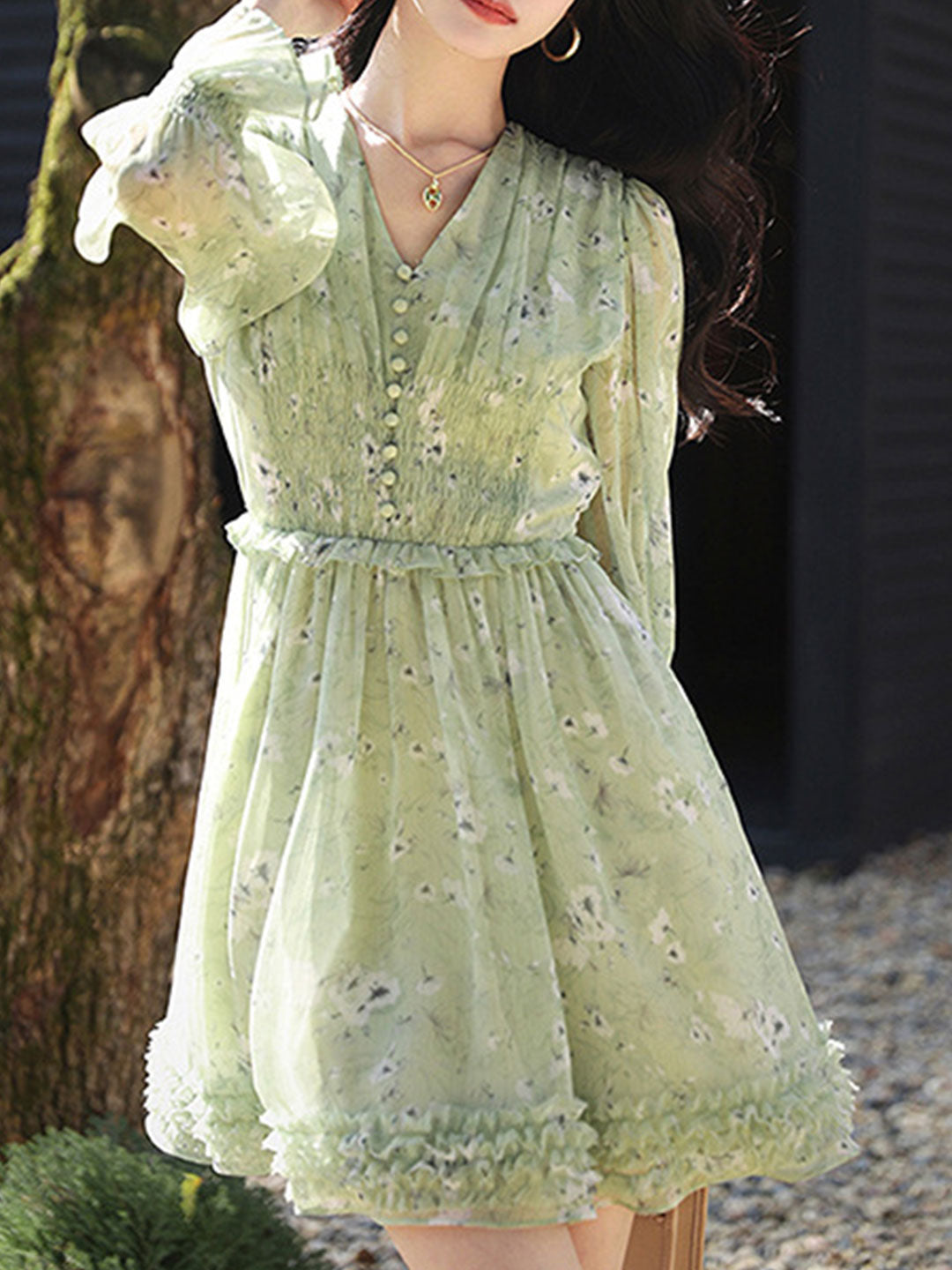 Floral Print V-Neck Button Front Smocked Waist Mini Dress - View 3