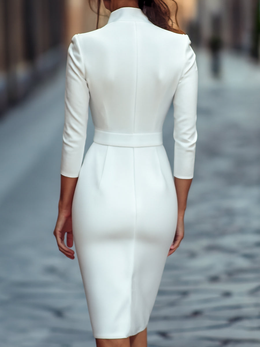 Stand Collar Wrap Front Belted Long Sleeve Midi Pencil Dress 3