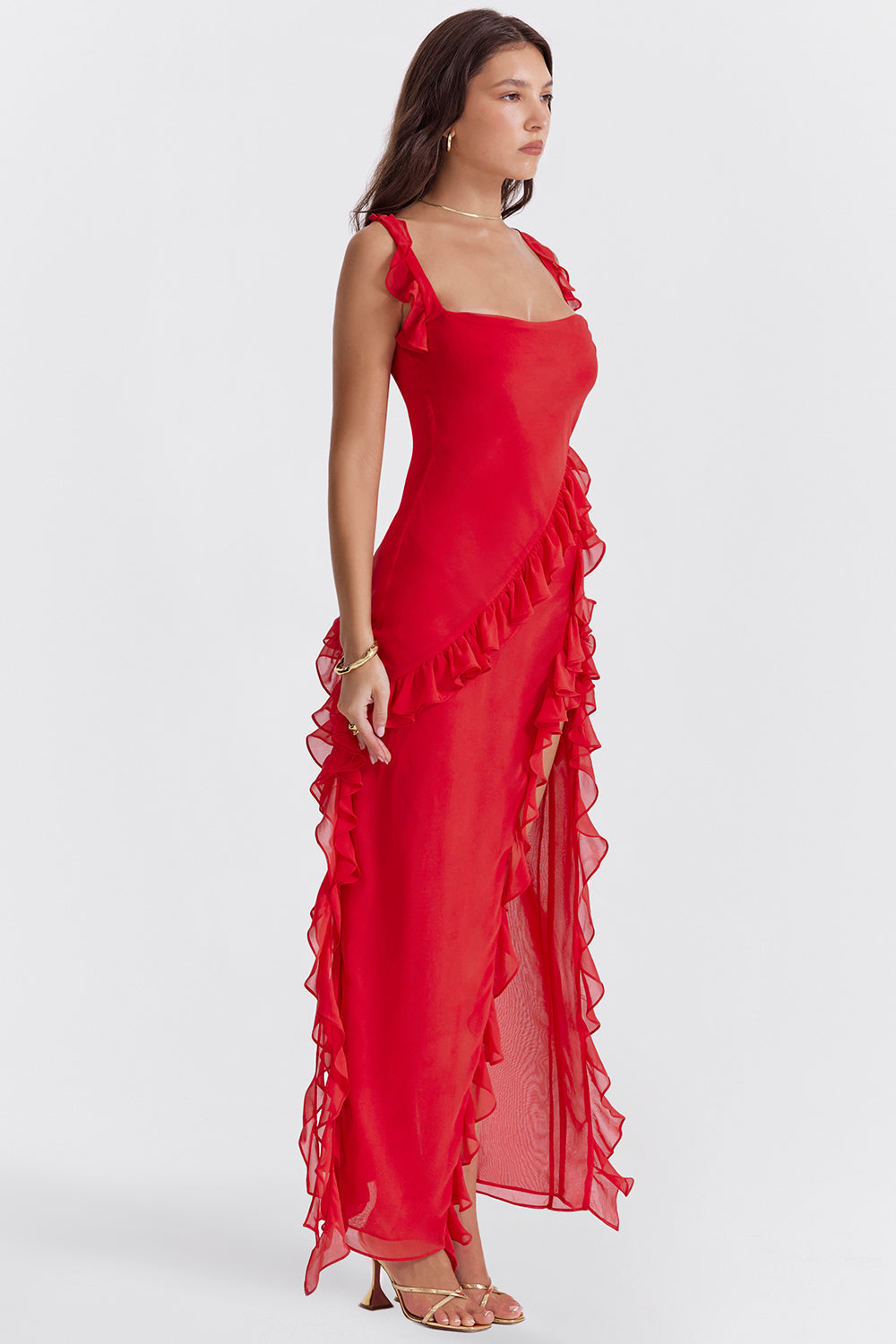 Square Neck Ruffle Strap High Split Ruffle Trim Maxi Gown 57