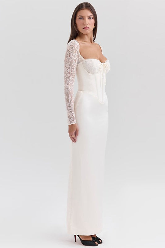 Satin Sweetheart Lace Sleeve Corset Mermaid Maxi Dress - View 7