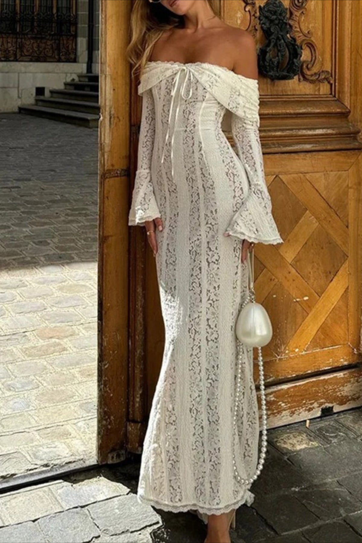 Lace Off Shoulder Long Sleeve Sheer Mermaid Maxi Dress - View 2