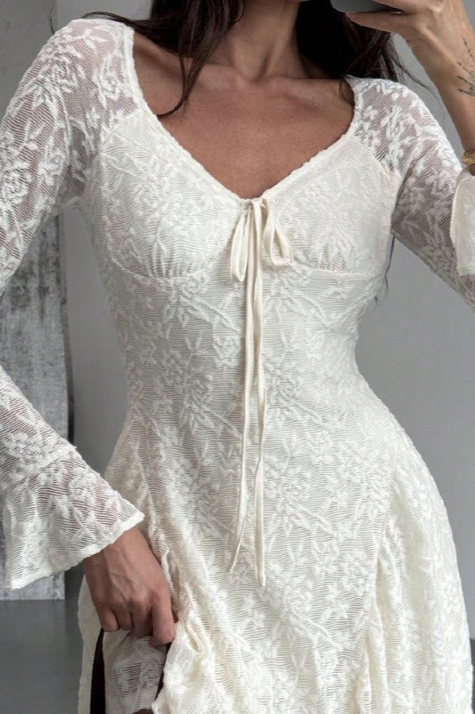 Lace Tie Front Ruched V-Neck Long Sleeve Bell Cuff Mini Dress - View 3