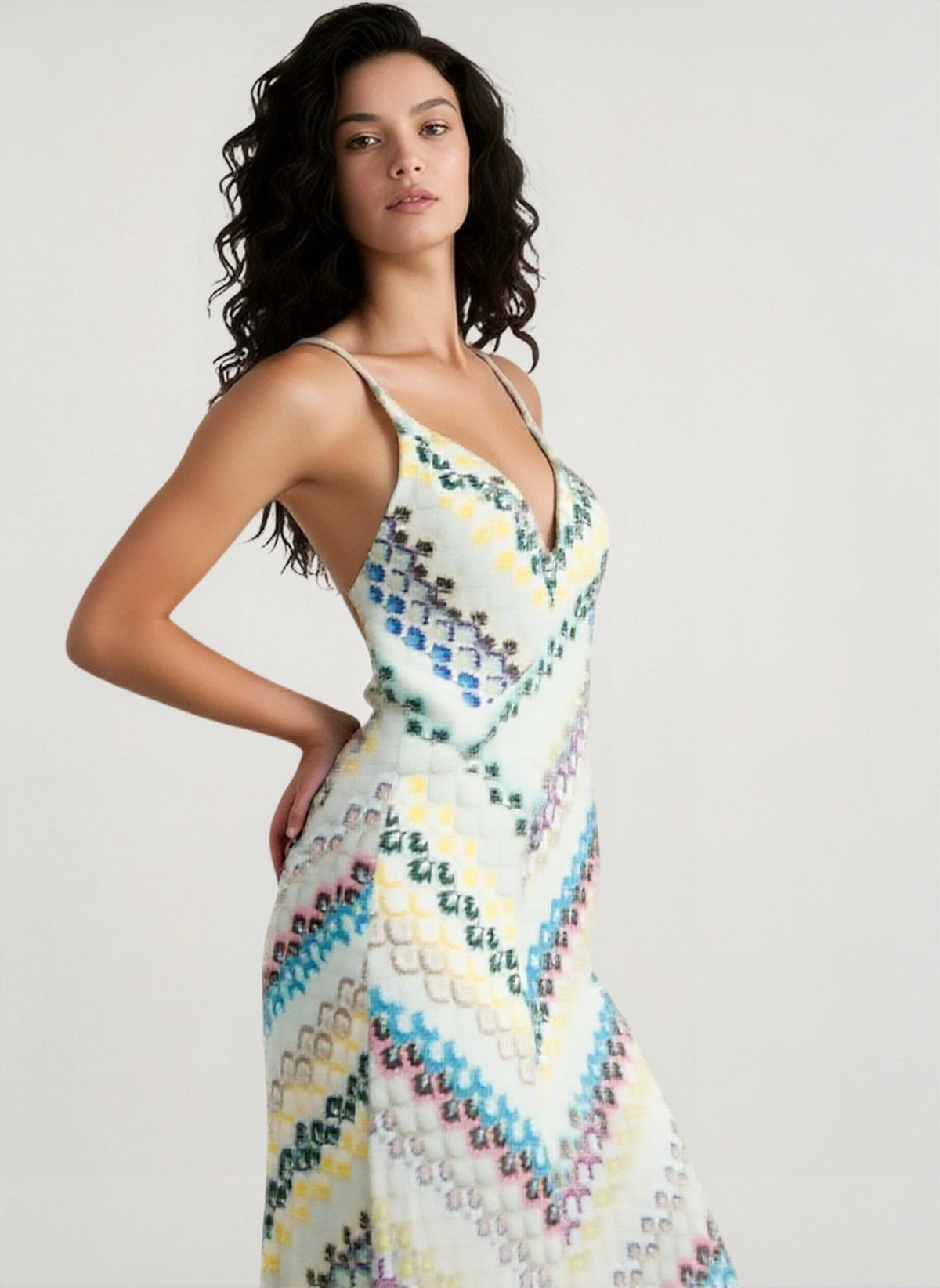 Chevron Knit Plunge Neck Backless Slip Maxi Dress 4