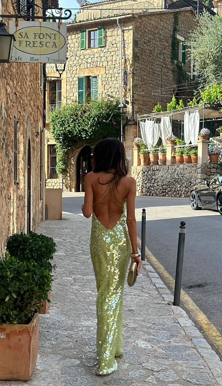 Sequin Spaghetti Strap Deep Scoop Neck Bodycon Maxi Gown - View 5