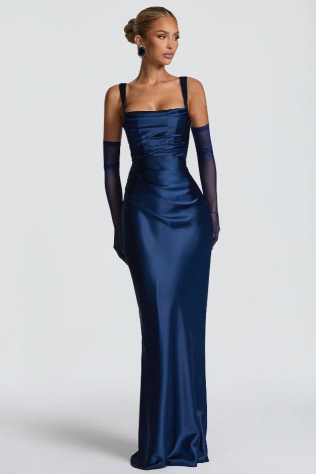 Square Neck Ruched Satin Bodycon Mermaid Dress - View 3