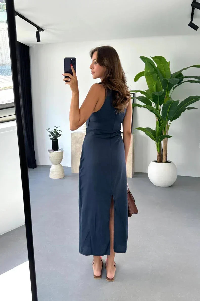 Boat Neck Sleeveless Gathered Waist Linen Look Midi Dress - View 2