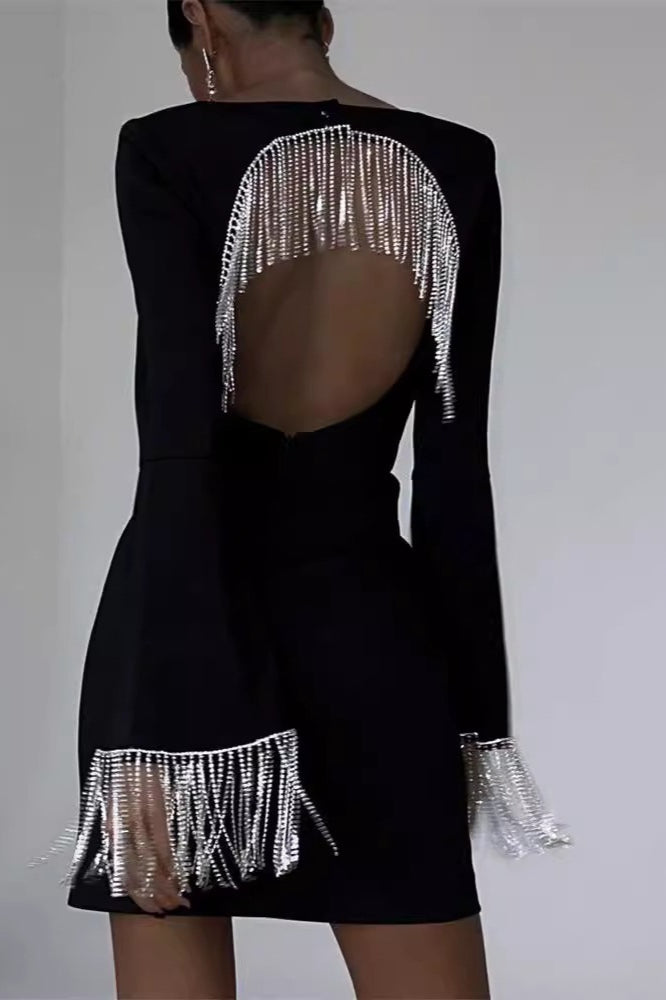 Rhinestone Fringe Bell Sleeve Square Neck Bodycon Mini Cocktail Dress - View 2