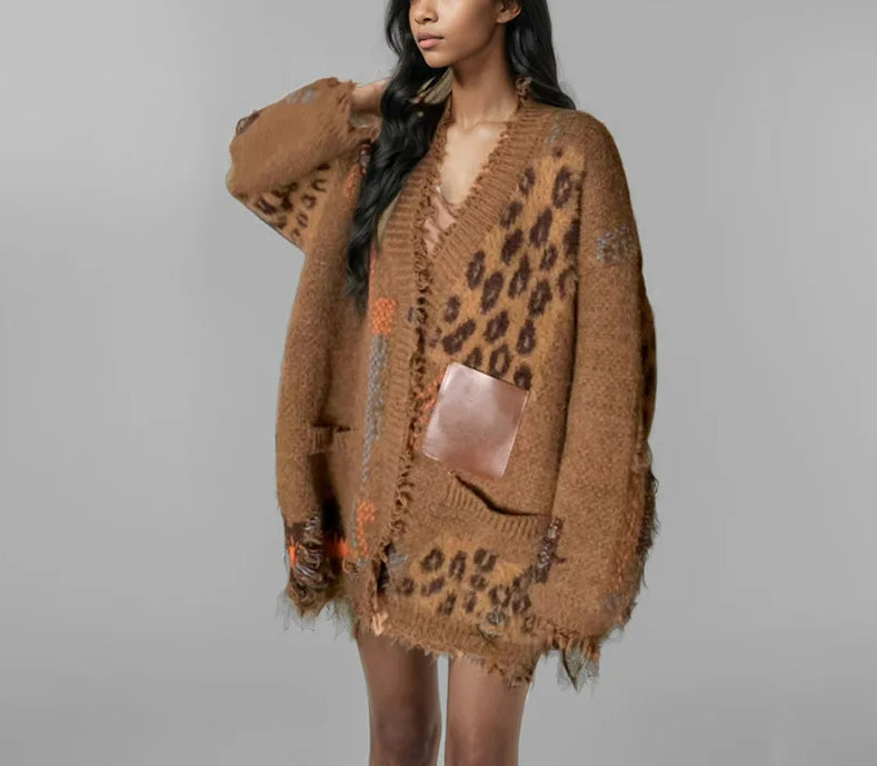 Spliced Leopard Loose Knit Cardigan Chocolate Color / One Size