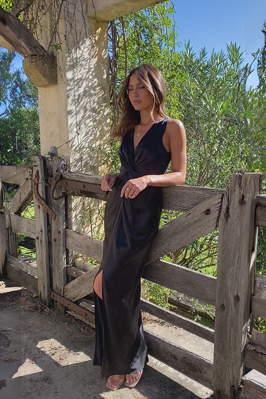 Satin Sleeveless Gathered Waist Column Slip Maxi Dress - View 12