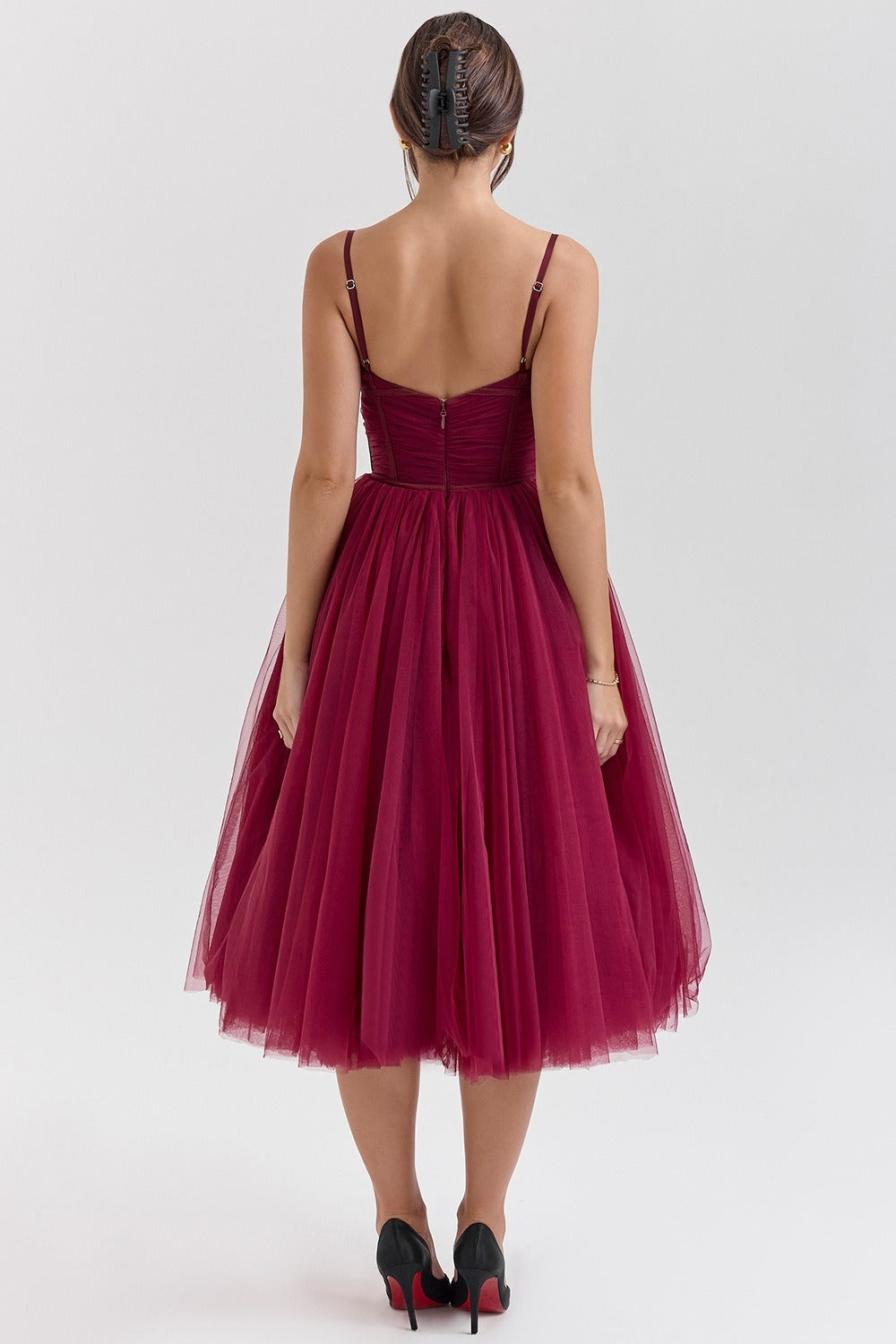 Tulle Sweetheart Spaghetti Strap Corset Fit and Flare Midi Dress - View 17