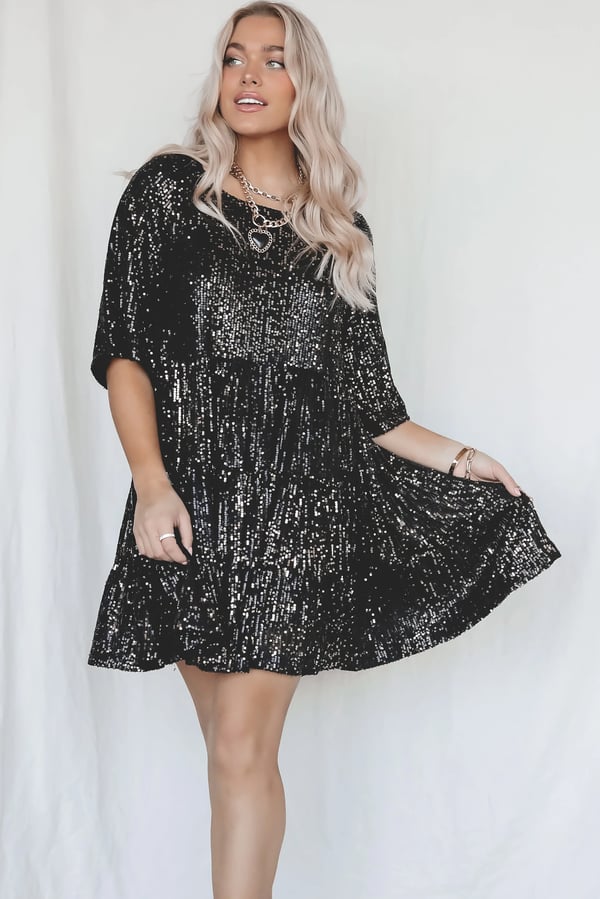 Sequin Crew Neck Short Sleeve Tiered Smock Mini Party Dress - View 7