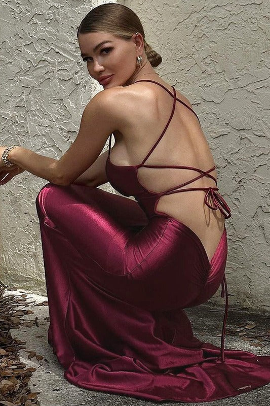 Satin Deep V-Neck Lace Up Backless Mermaid Maxi Prom Dress - View 7