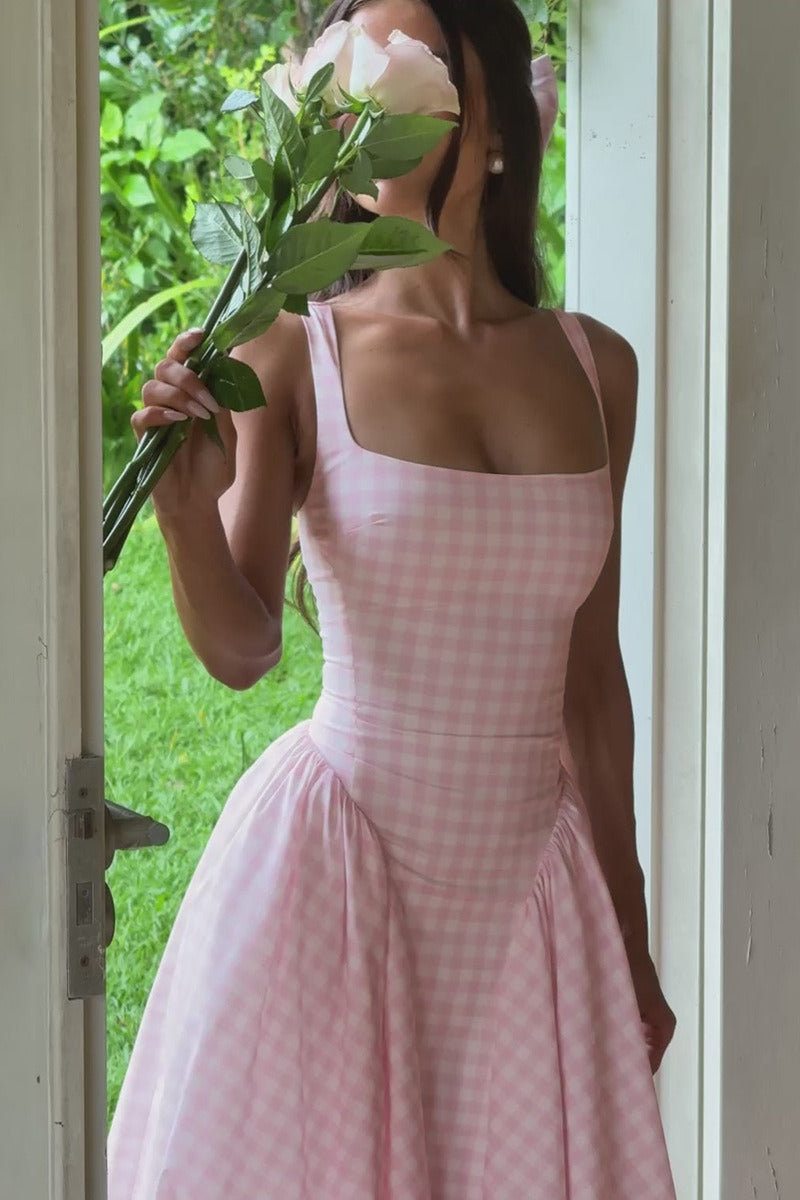 Plaid Square Neck Sleeveless Fit and Flare Midi Dress