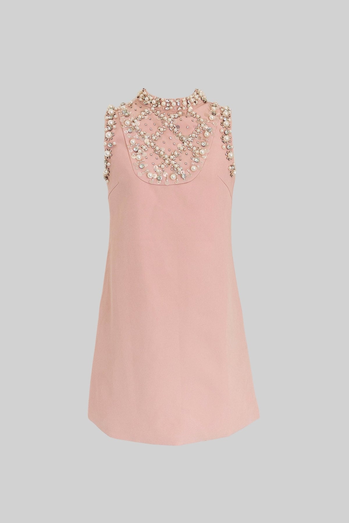Pearl Embellished Sleeveless Shift Mini Dress High Neck Pearl Bib - View 2