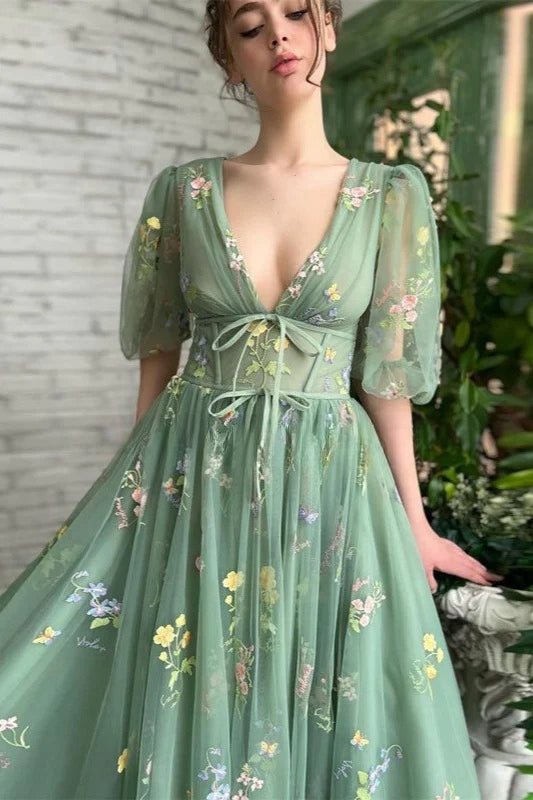 Deep V-Neck Puff Sleeve Floral Embroidered Tulle A-Line Dress