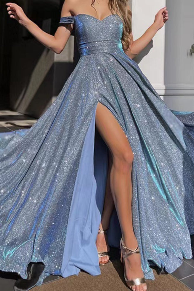 Glitter Off Shoulder V-Neck High Split Maxi Gown 3