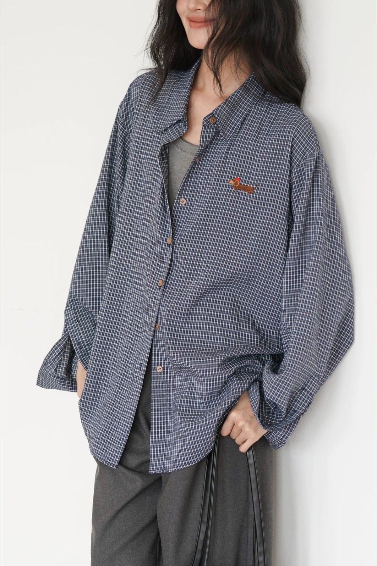 Checked Collared Long Sleeve Dog Embroidered Oversized Shirt
