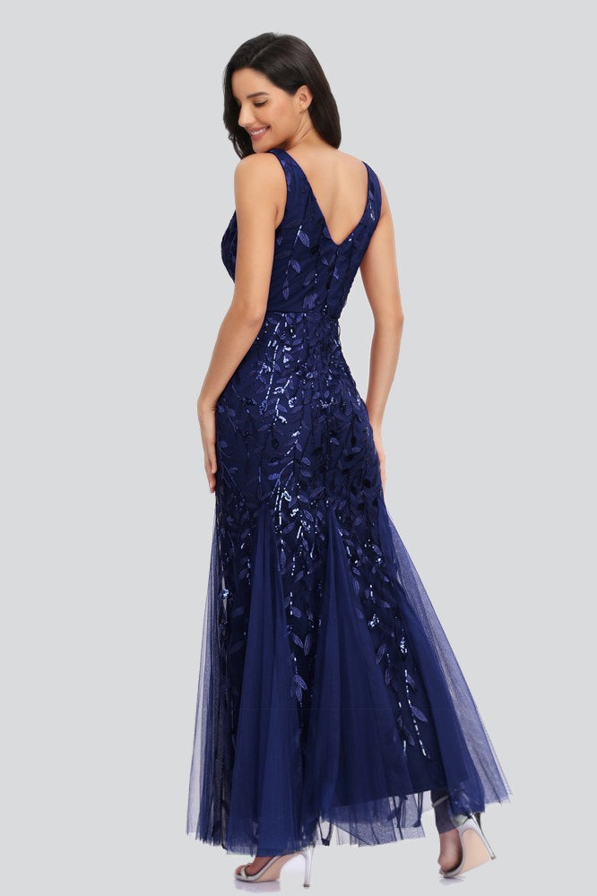 Sequin V-Neck Embroidered Mermaid Maxi Prom Dress - View 6