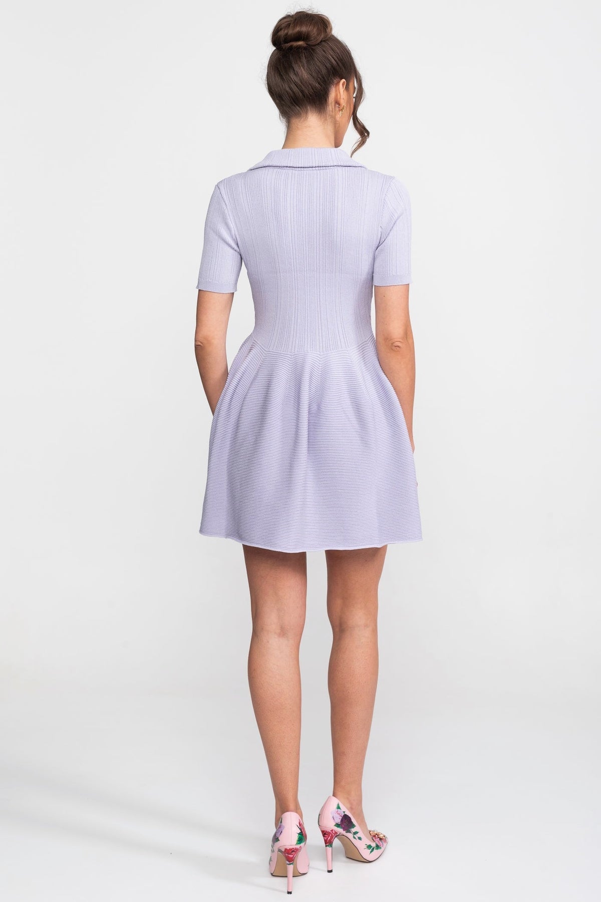 Ribbed Knit Mini Dress With Open Polo Collar And Jewel Buttons - Lilac - View 6