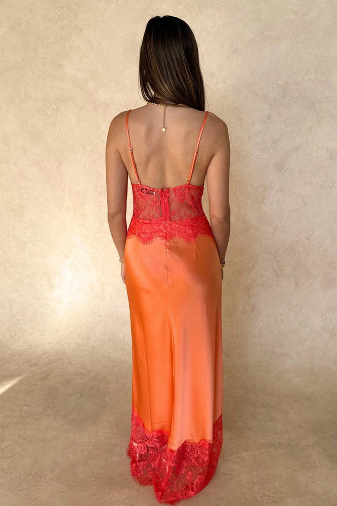 V-Neck Spaghetti Strap Lace Trim Satin Slip Maxi Dress 7