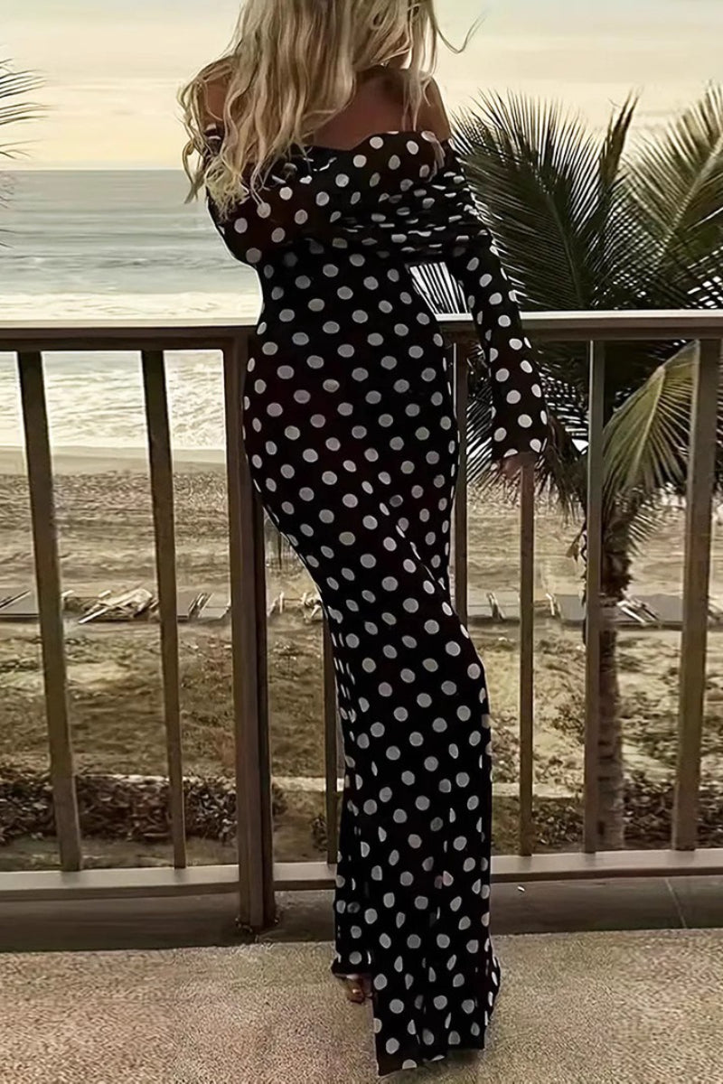 Off Shoulder Mesh Polka Dot Maxi Dress - View 2