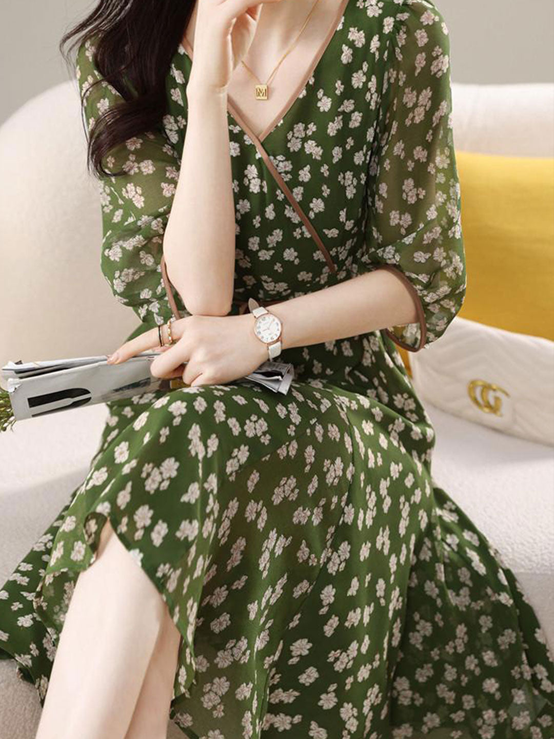 Floral Print Wrap V-Neck Puff Sleeve Tie Waist Dress - View 3
