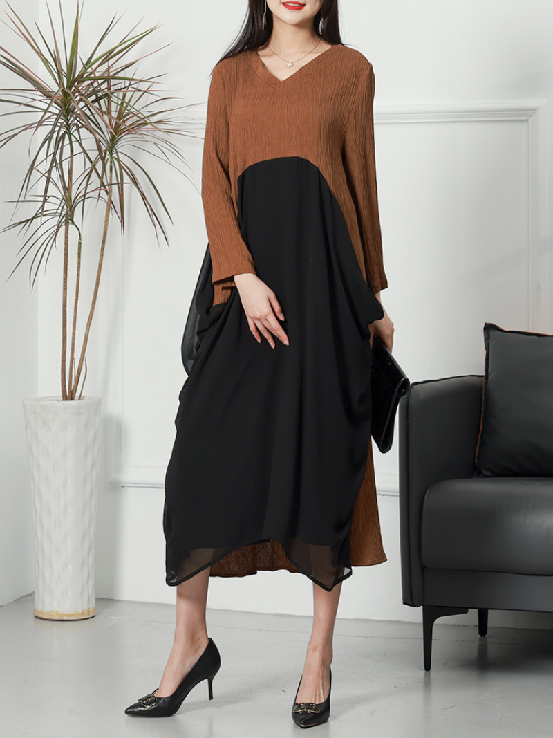 V-Neck Long Sleeve Chiffon Layered Loose Midi Dress - View 4