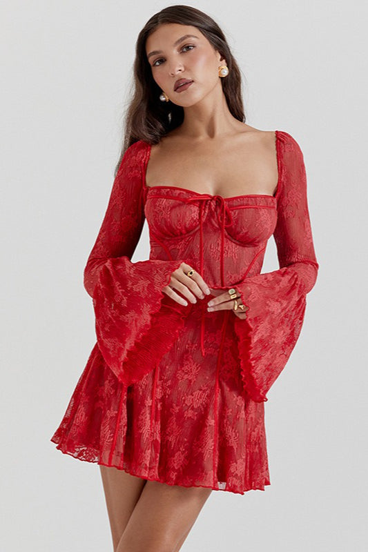 Lace Square Neck Bell Sleeve Corset Ruffle Mini Dress - View 6