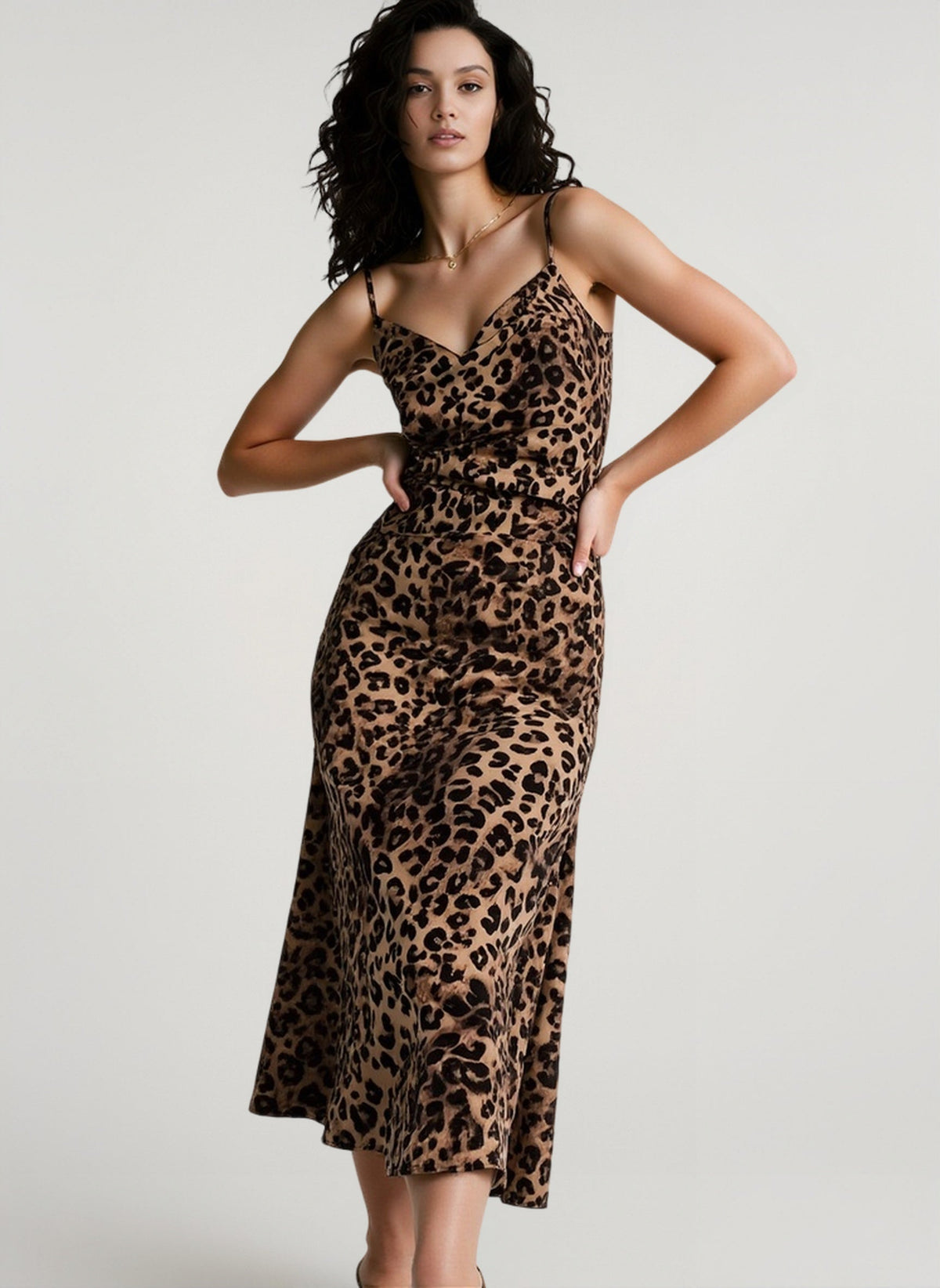 Cowl Neck Spaghetti Strap Leopard Print Slip Midi Dress 3