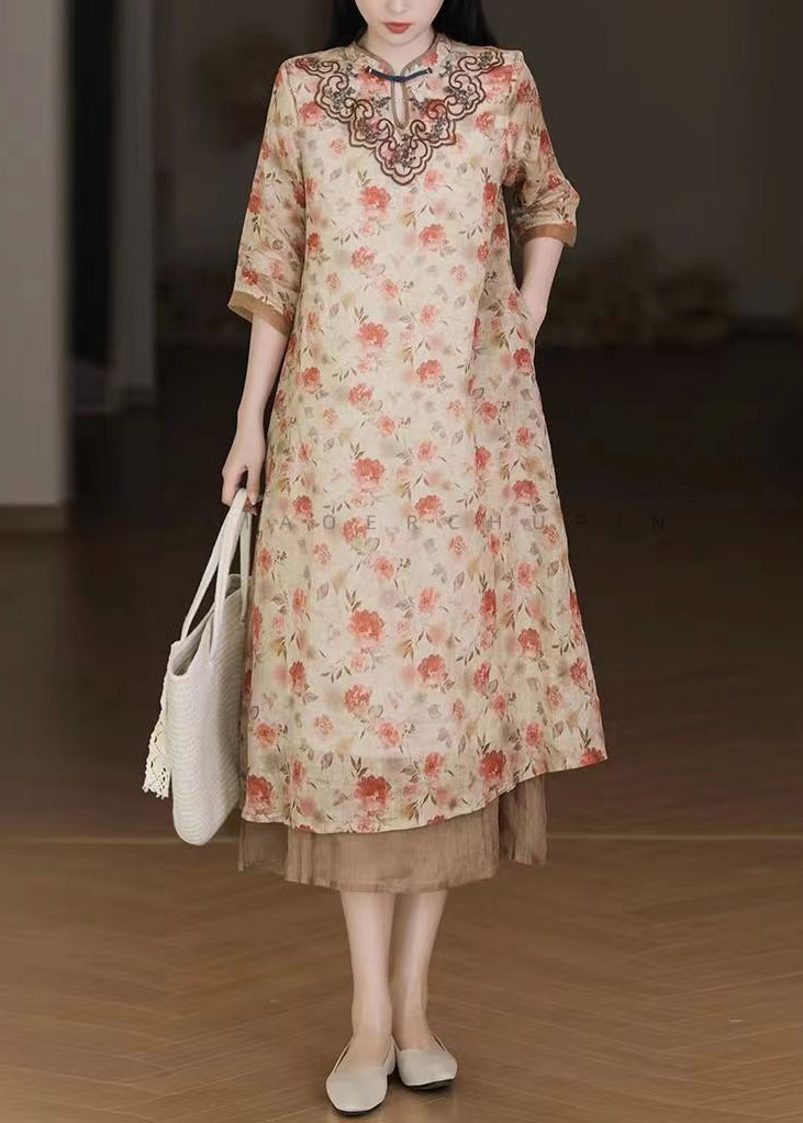 Floral Print Mandarin Collar Frog Button Chest Midi Dress - View 2