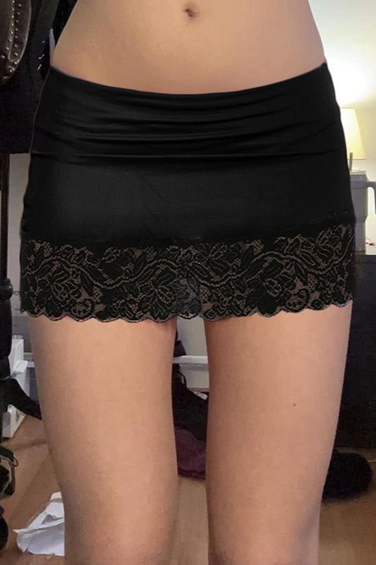 Lace Sheer Mesh Bodycon Pleated Denim Mini Skort