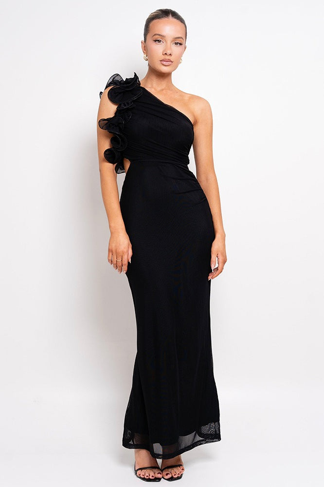 One Shoulder 3D Floral Cut Out Ruched Bodycon Maxi Dress - View 7