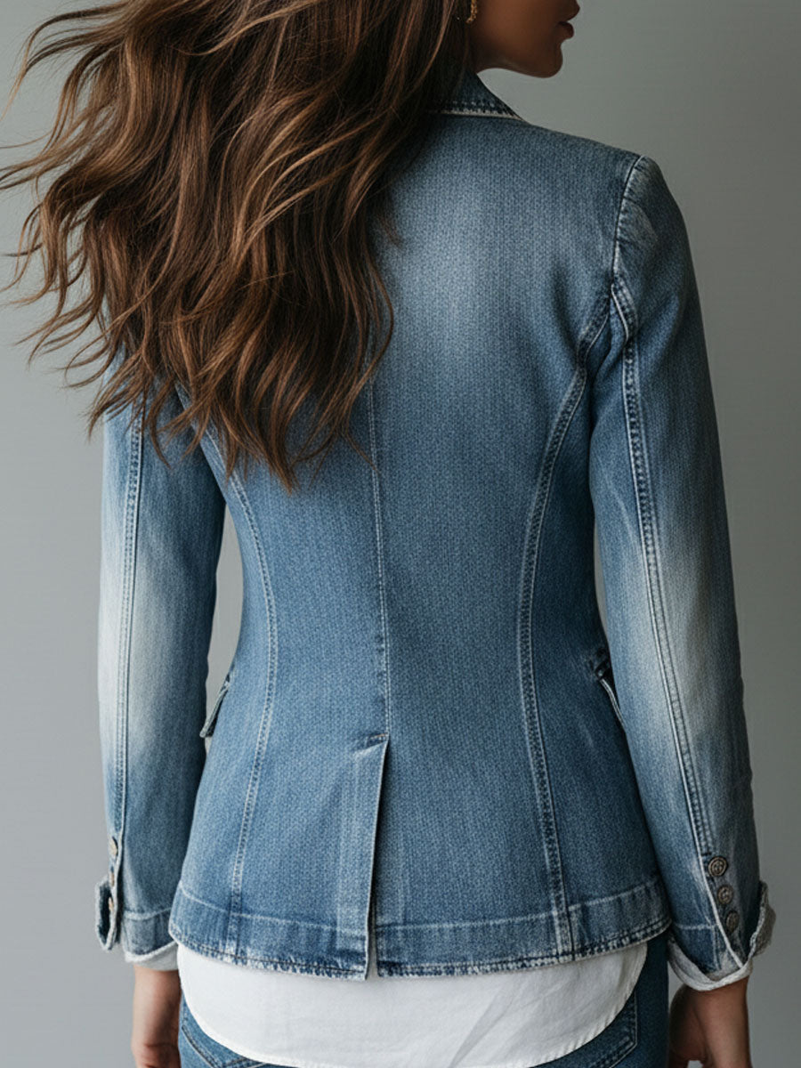 Notch Lapel Single Button Washed Denim Blazer 5