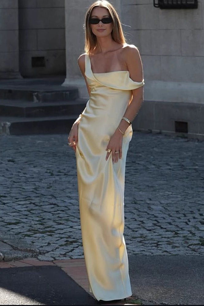 One Shoulder Cowl Neck Draped Satin Column Maxi Dress