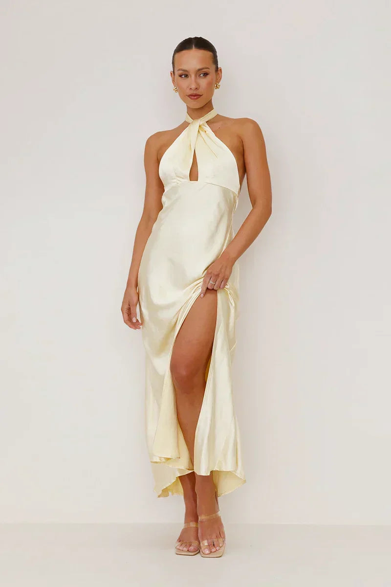 Satin Halter Neck Twist Front Cut Out Backless High Split Maxi Gown - View 6