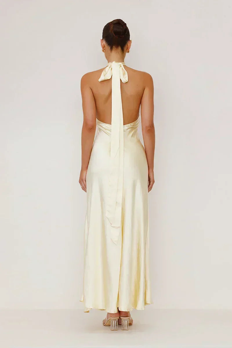 Satin Halter Neck Twist Front Cut Out Backless High Split Maxi Gown - View 4