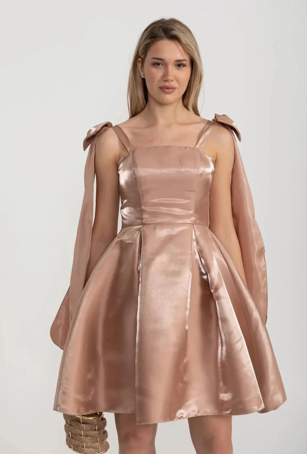 Satin Square Neck Spaghetti Strap Shoulder Bow Pleated Mini Dress