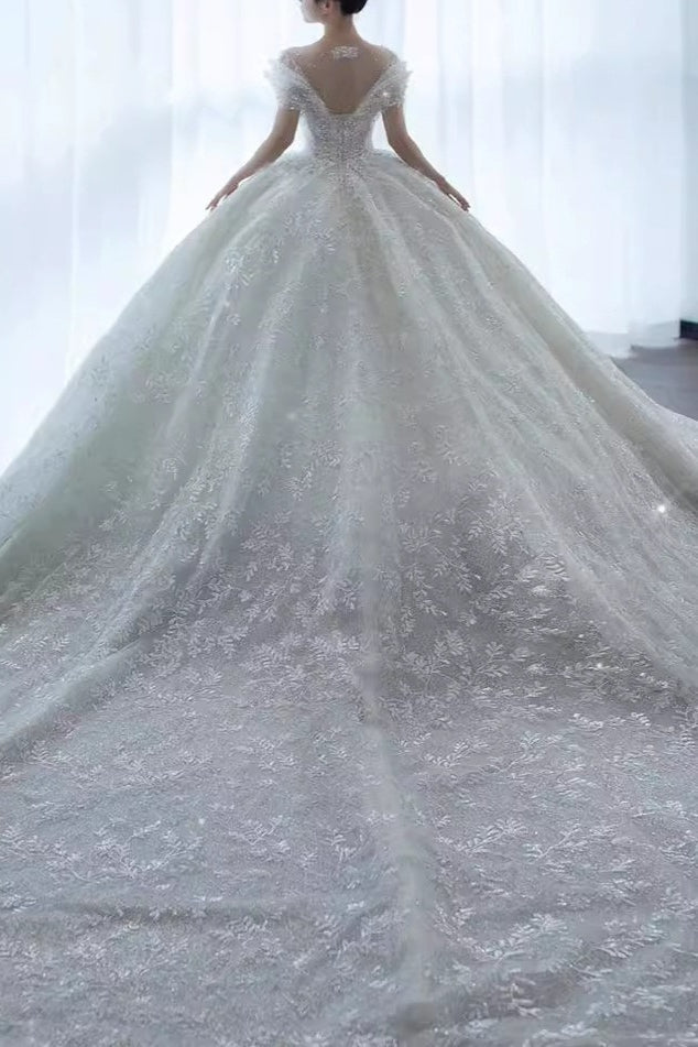 Pearl Beaded Sequin Lace Illusion Neck Off Shoulder Ball Gown - View 4