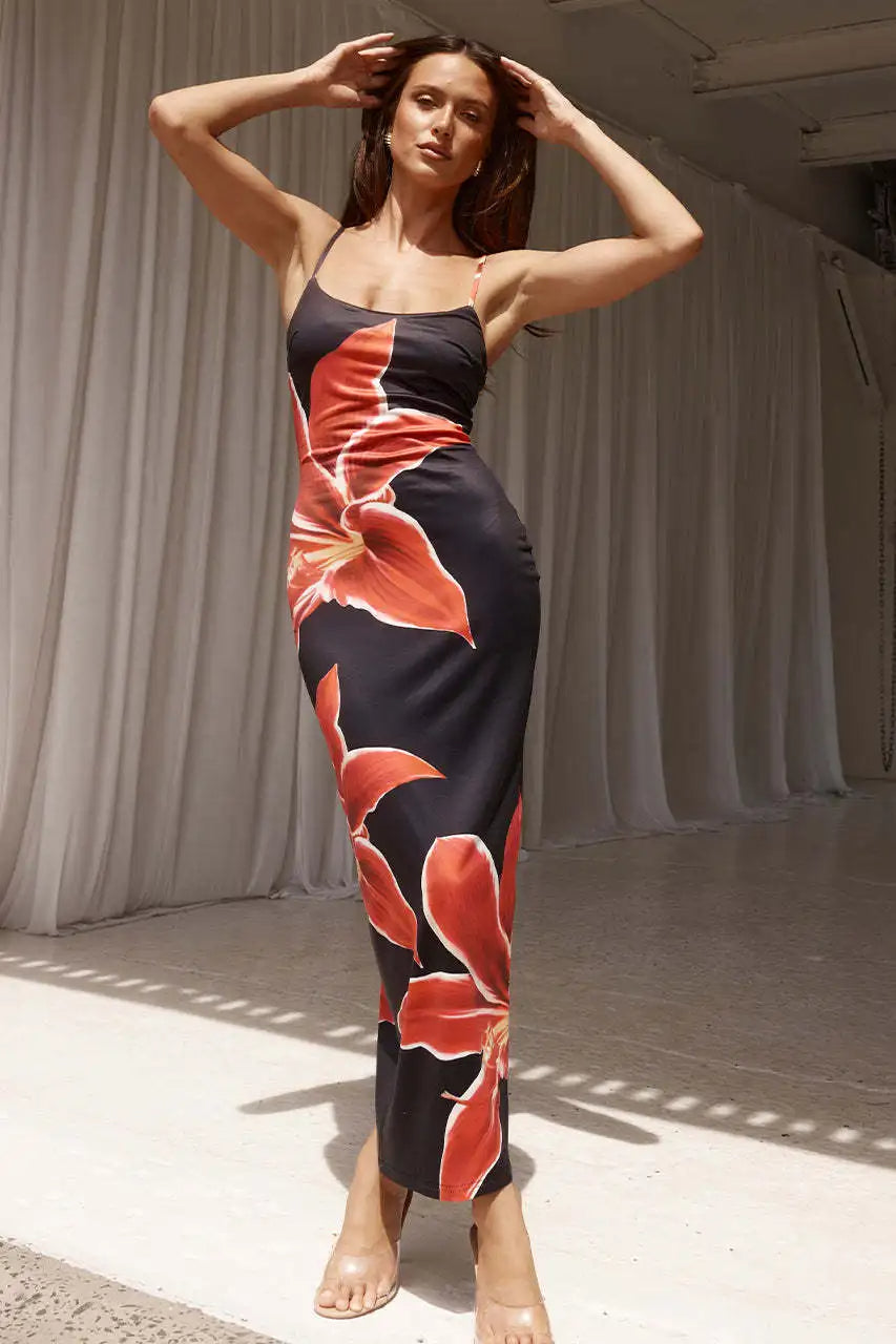 Floral Print Spaghetti Strap Square Neck Bodycon Maxi Dress - View 10