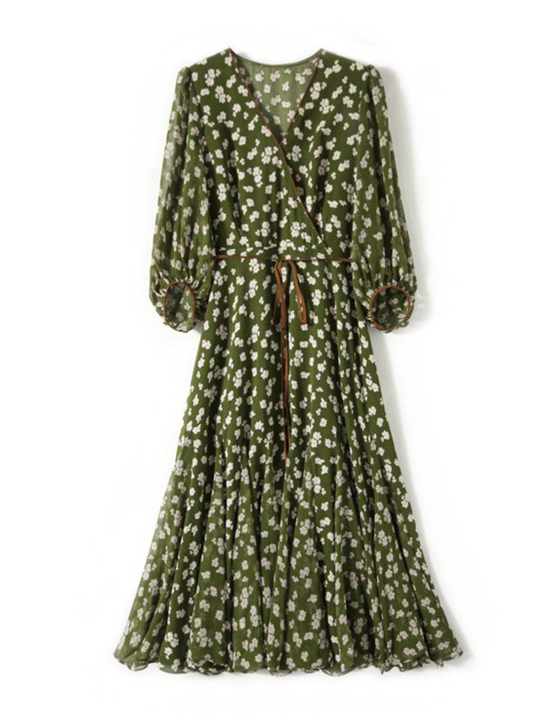 Floral Print Wrap V-Neck Puff Sleeve Tie Waist Dress - View 16