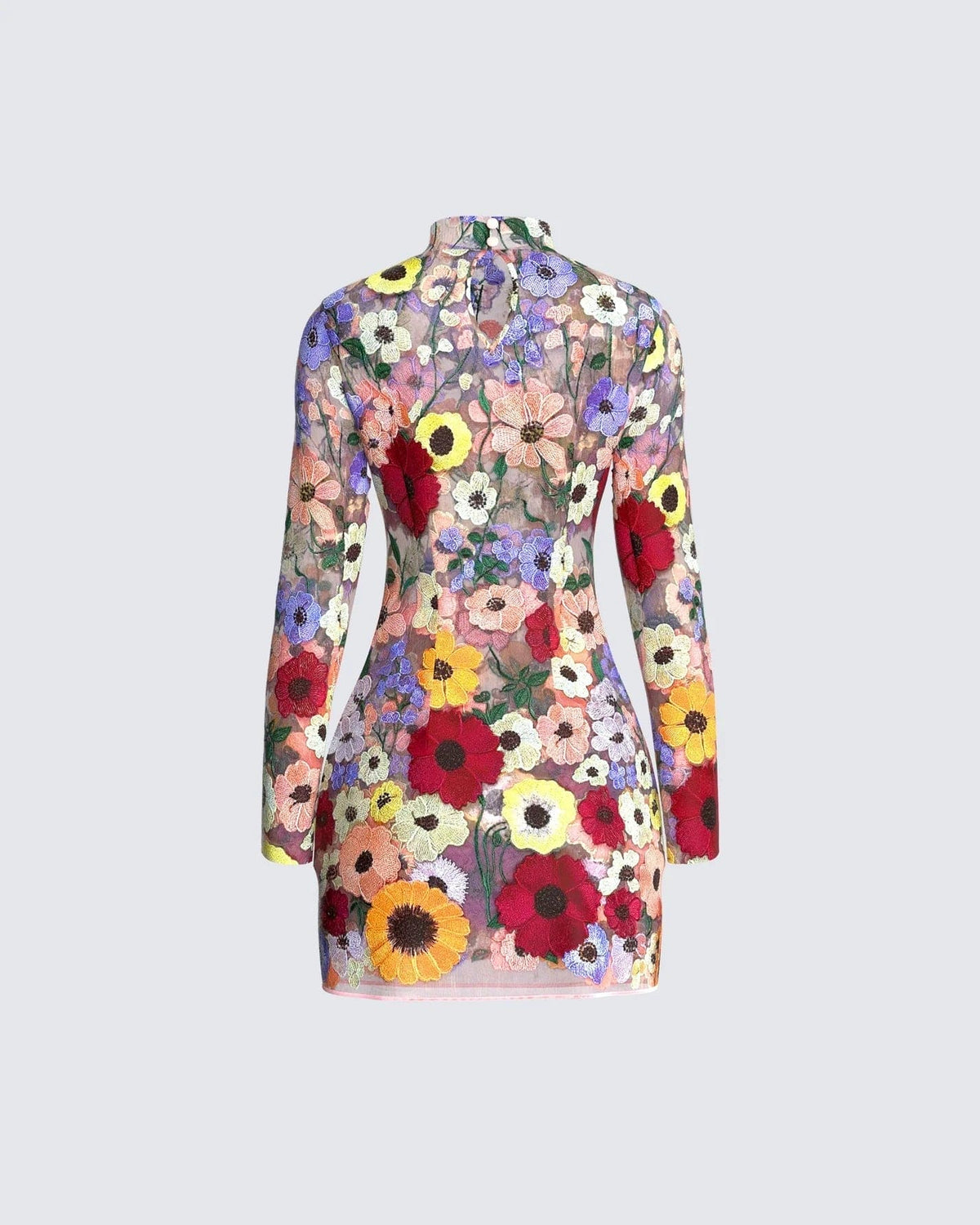 Mock Neck Long Sleeve Floral Embroidered Mesh Bodycon Mini Dress