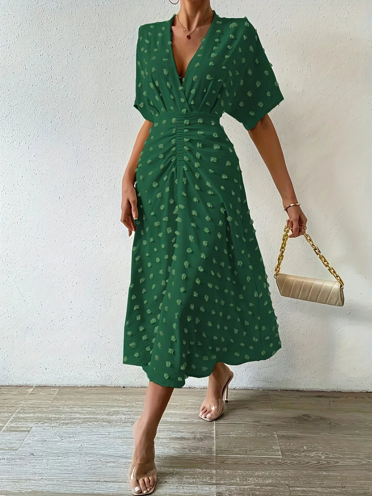 Swiss Dot Flutter Sleeve Pleated Back A-Line Midi Dress - View 2