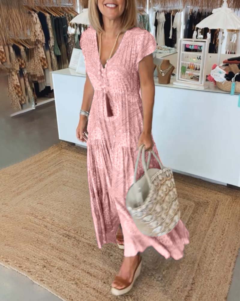 V-Neck Flutter Sleeve Buttoned Tiered Boho Maxi Dress - View 8