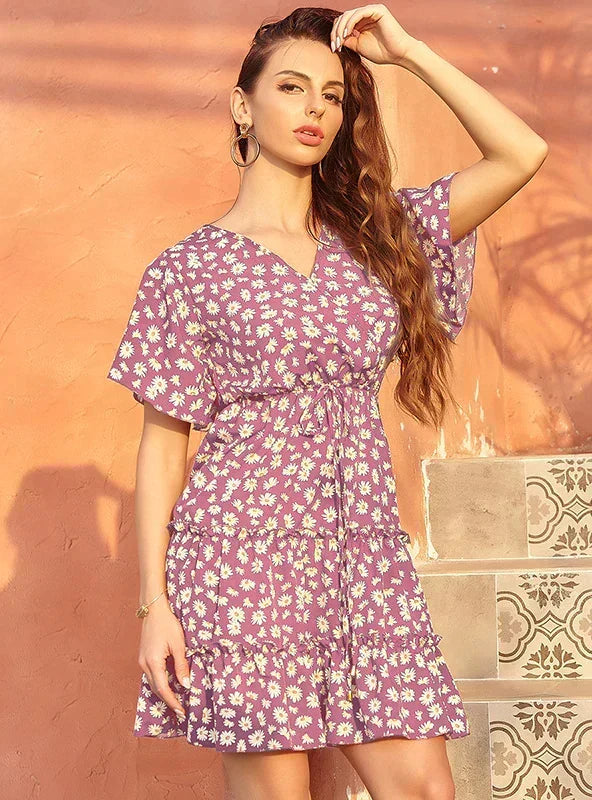 Casual Lace-Up With Gown V-Neck Flowered Design S / Black Lace Dress